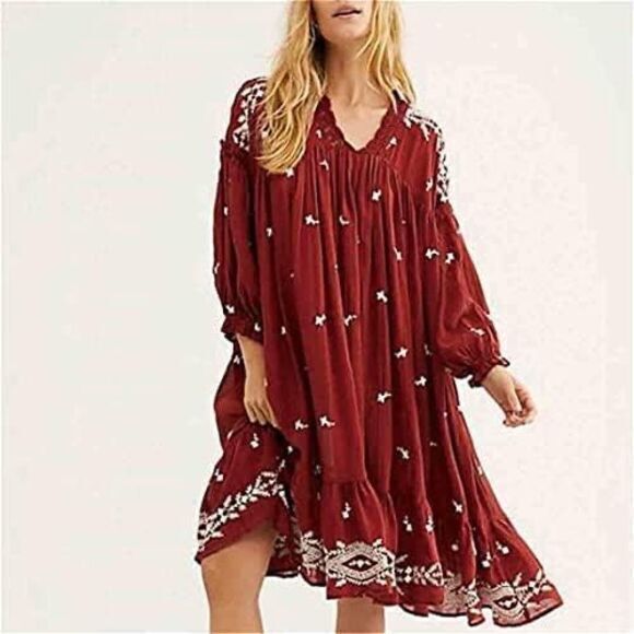 Free People Dress Medium Brown Red Flowy Lavender Fields Midi Embroidered Boho - Picture 1 of 16